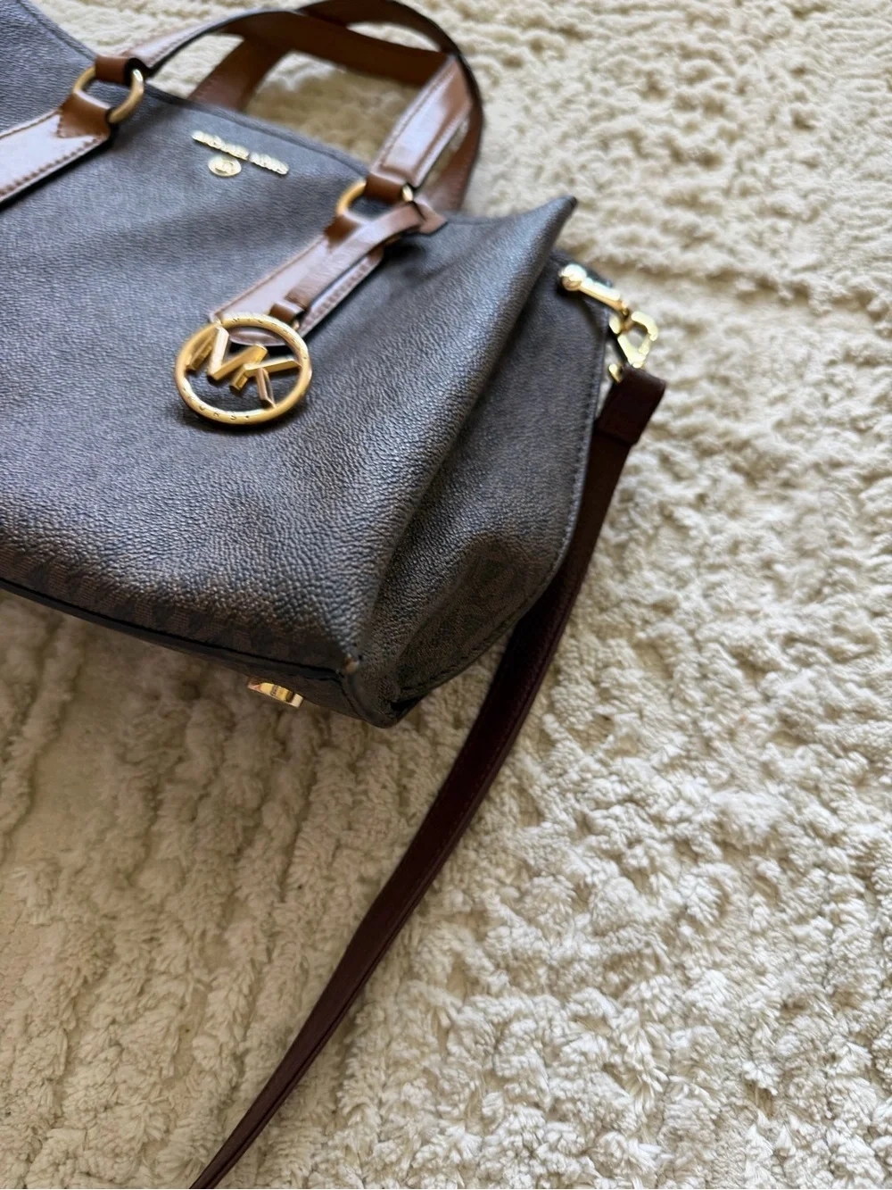 Michael Kors Emma Medium Signature Satchel Crossbody Brown Leather